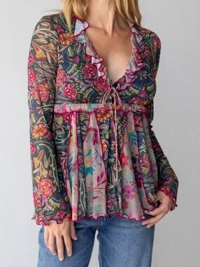 Natural Life ruffle mesh boho blouse with bell sleeves Size Meduim